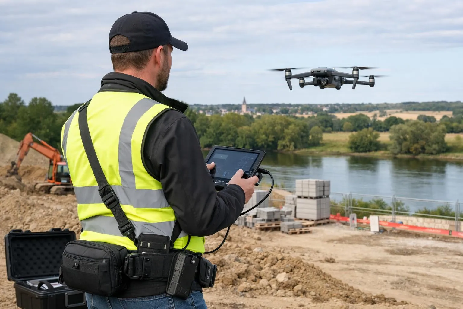 Un homme en gilet de sécurité pilote un drone au-dessus d'un chantier de construction près d'une rivière.