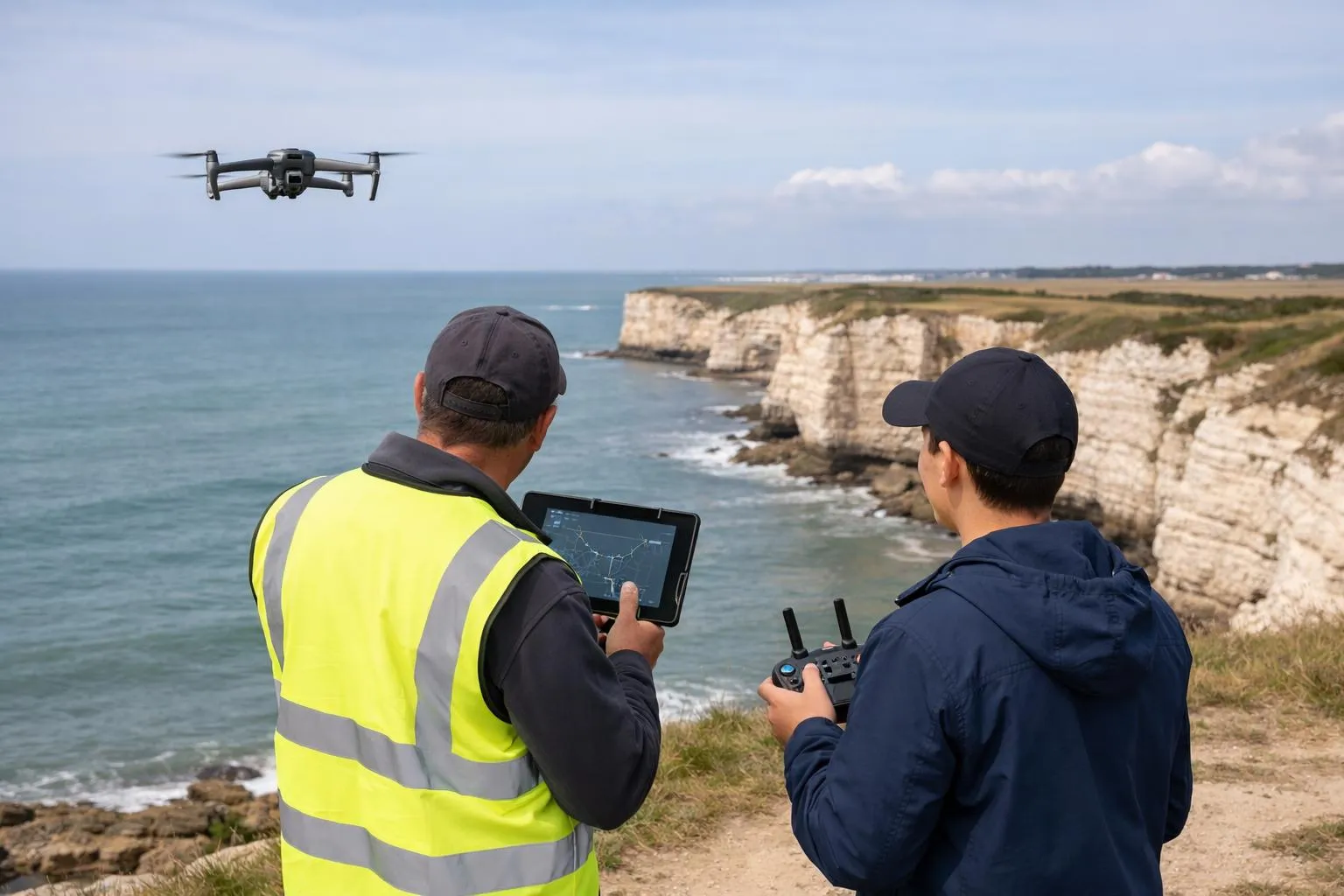 Deux personnes contrôlant un drone survolant des falaises côtières.