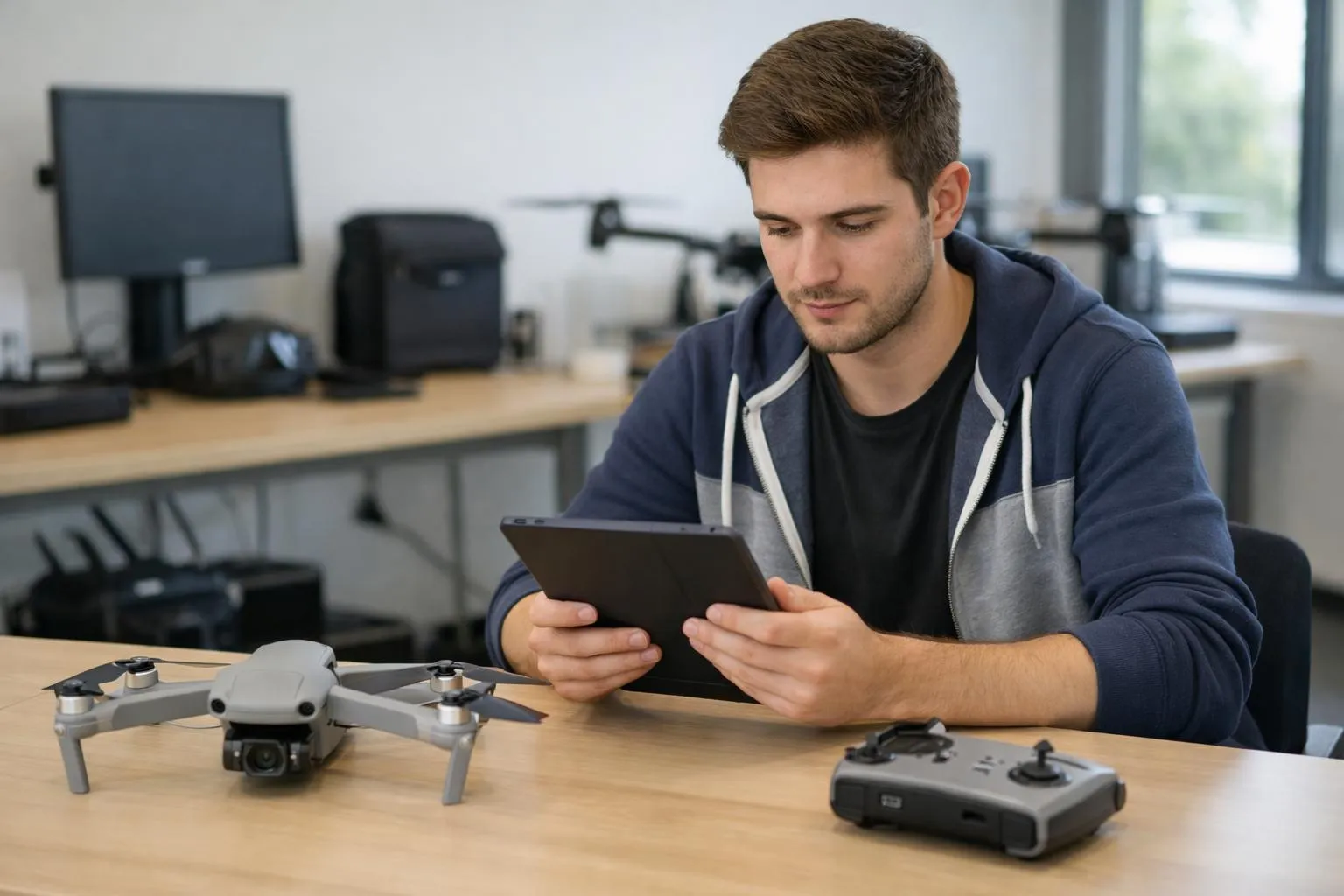 Homme concentré utilisant une tablette numérique avec un drone sur le bureau.