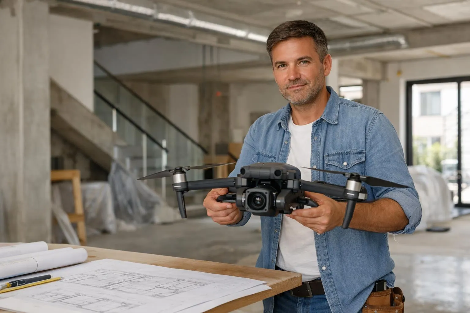 Homme mature tenant un drone dans un bureau en construction.