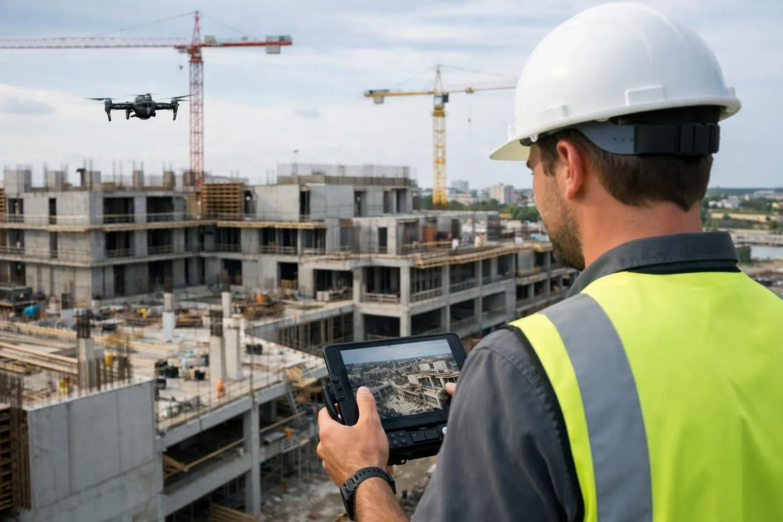 Professional drone operator using tablet controller to capture aerial images of large construction site with partially built concrete structures, cranes visible in background, wearing safety vest and helmet, bright daylight conditions showing detailed building progress