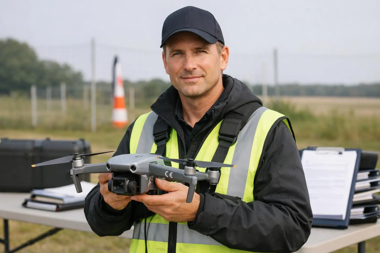Professional pilot holding modern quadcopter drone with visible CE marking C2 label on aircraft body, technical regulation documentation folder in background, outdoor training field setting with safety equipment, realistic photography style, natural daylight, focus on certification compliance and professional operation standards