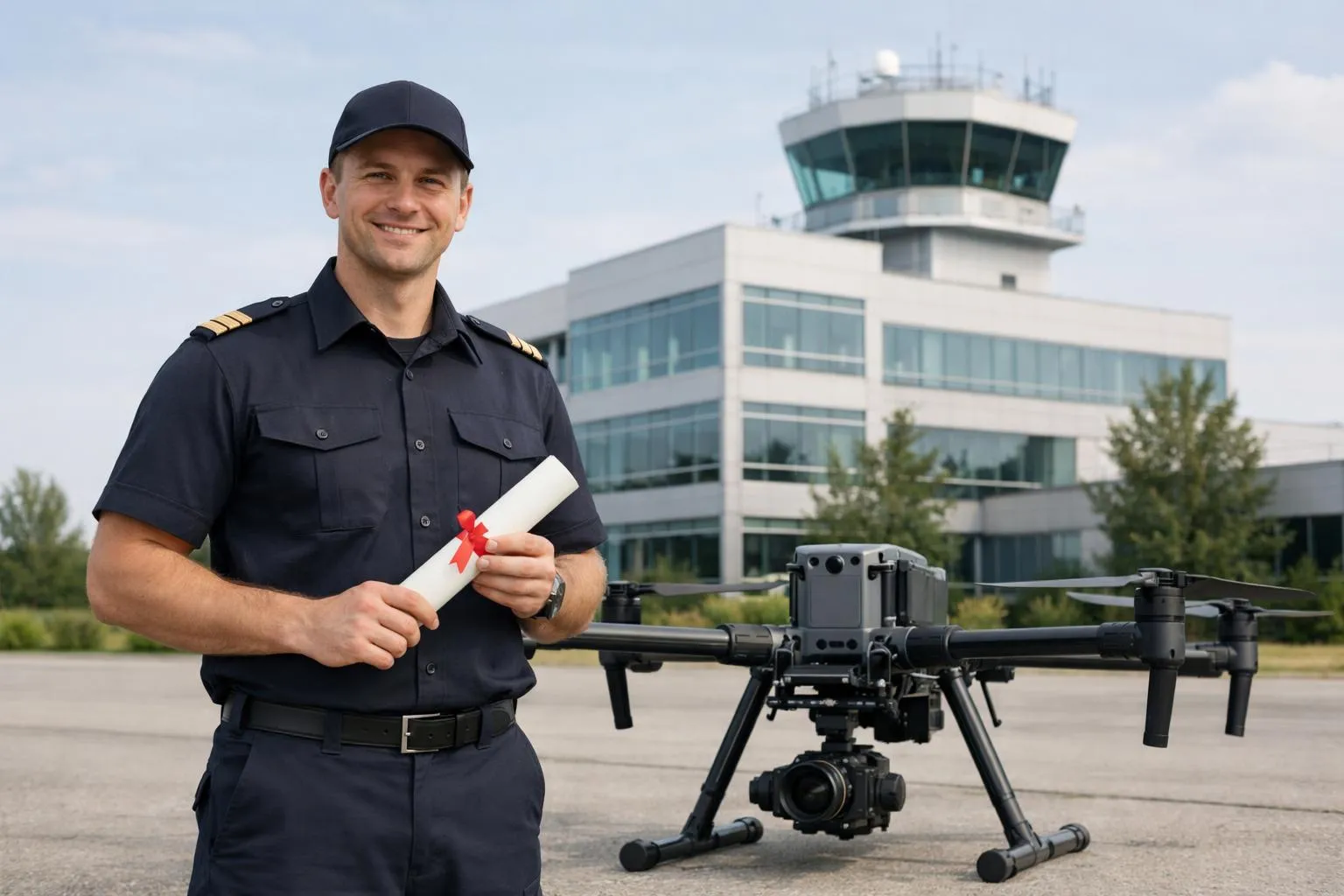 A professional drone pilot holding a certification document while standing next to a modern commercial drone on a landing pad, with an official aviation authority building visible in the background, realistic daylight photography showing confidence and legitimacy in the drone industry