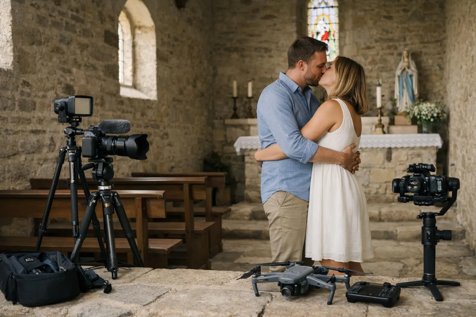 Wedding photographer and videographer capturing ceremony moment with bride and groom exchanging rings, professional camera equipment and drone visible nearby, Loire-Atlantique countryside chapel in background, golden afternoon light