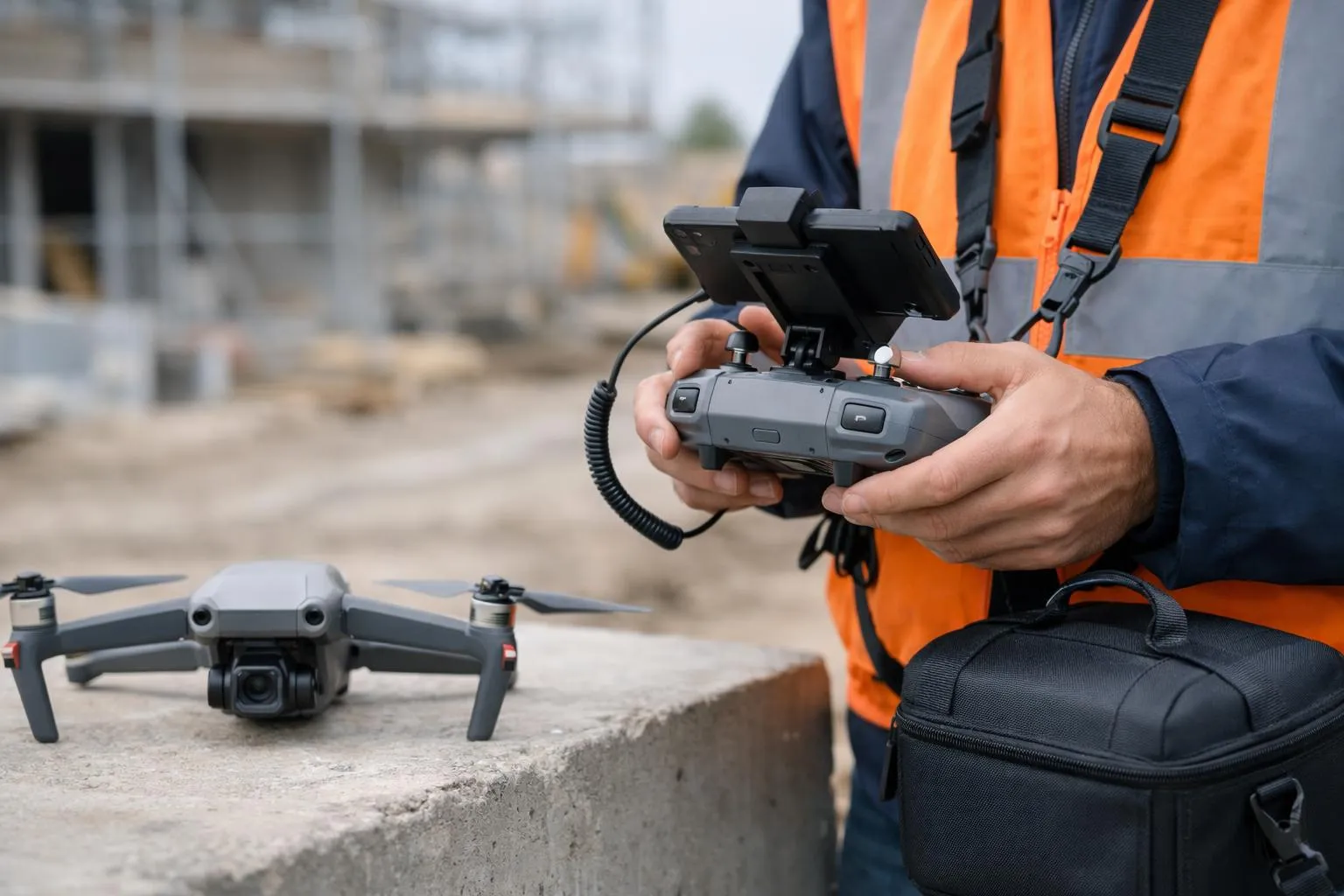 Collage visuel montrant huit environnements professionnels distincts où des drones opèrent: un chantier BTP avec inspection de toiture, un mariage filmé depuis les airs, un champ agricole cartographié, un pont inspecté, des panneaux solaires contrôlés, une forêt surveillée, un site industriel sécurisé et une villa en promotion immobilière photographiée, sans aucun texte ni graphique