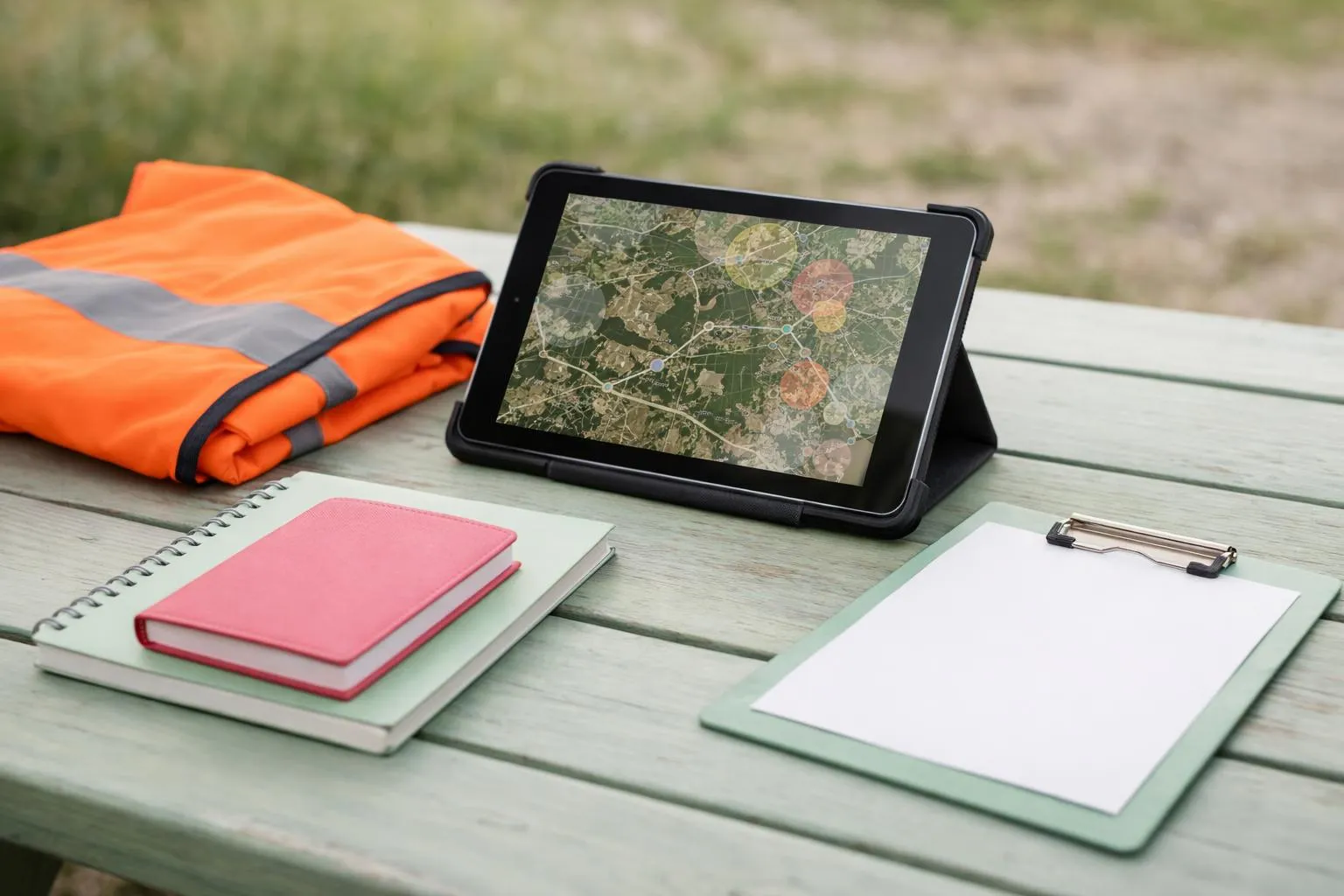 Tablette affichant une carte, vêtements de sécurité orange, bloc-notes et presse-papiers sur table.