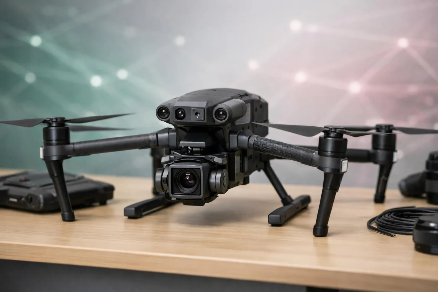 Drone quadricoptère équipé d'une caméra professionnelle sur fond de ciel nuageux.