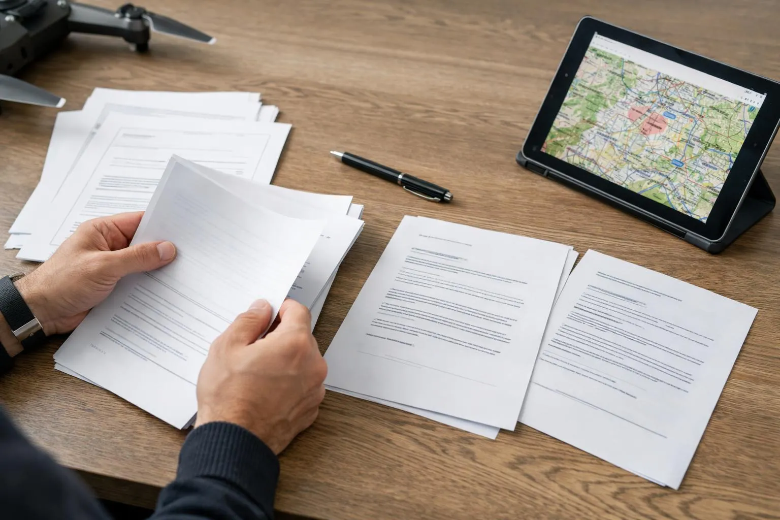 Papiers, stylo, tablette et carte géographique sur un bureau en bois.