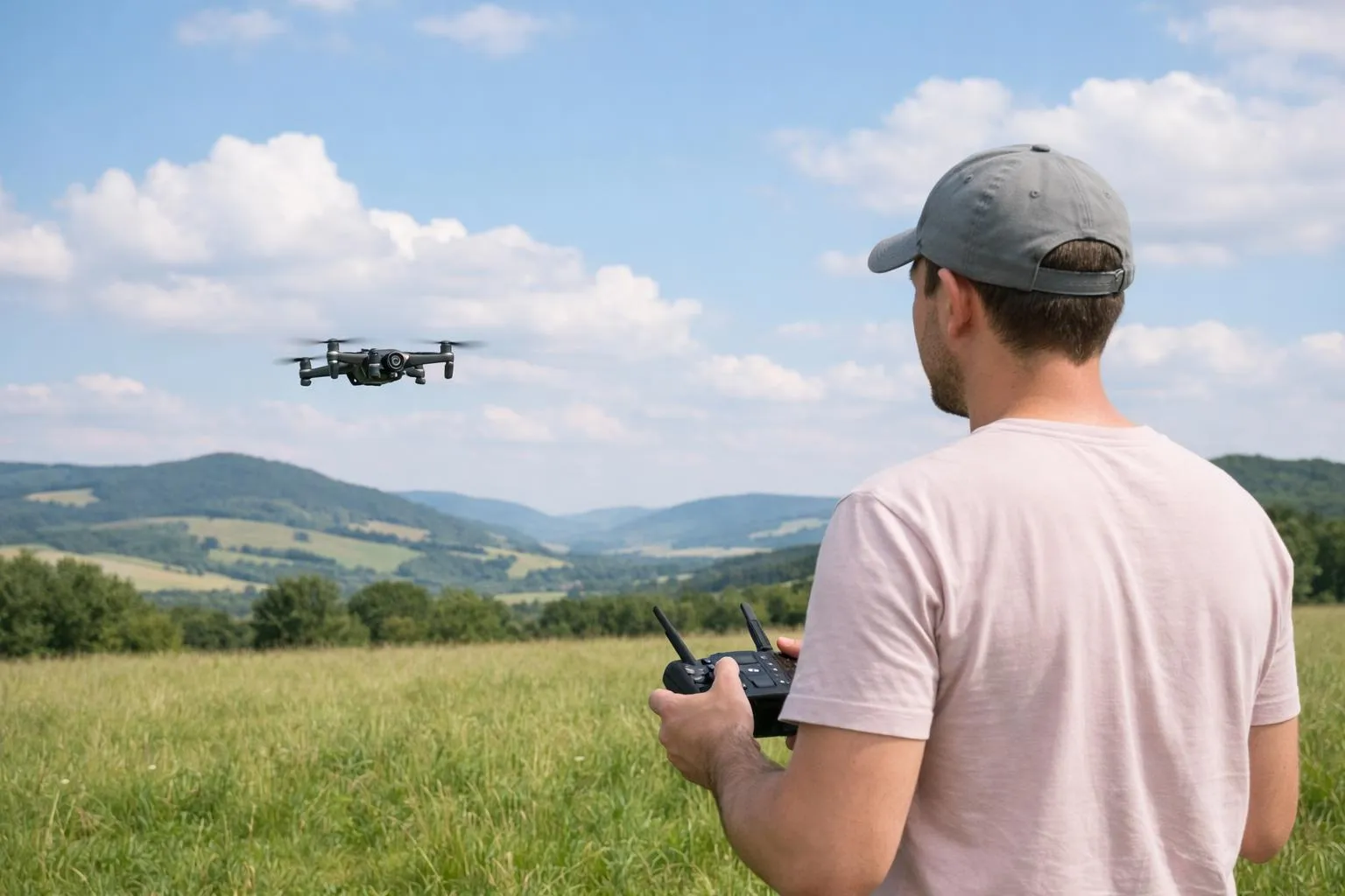 Homme pilotant un drone dans un paysage de campagne verdoyante.