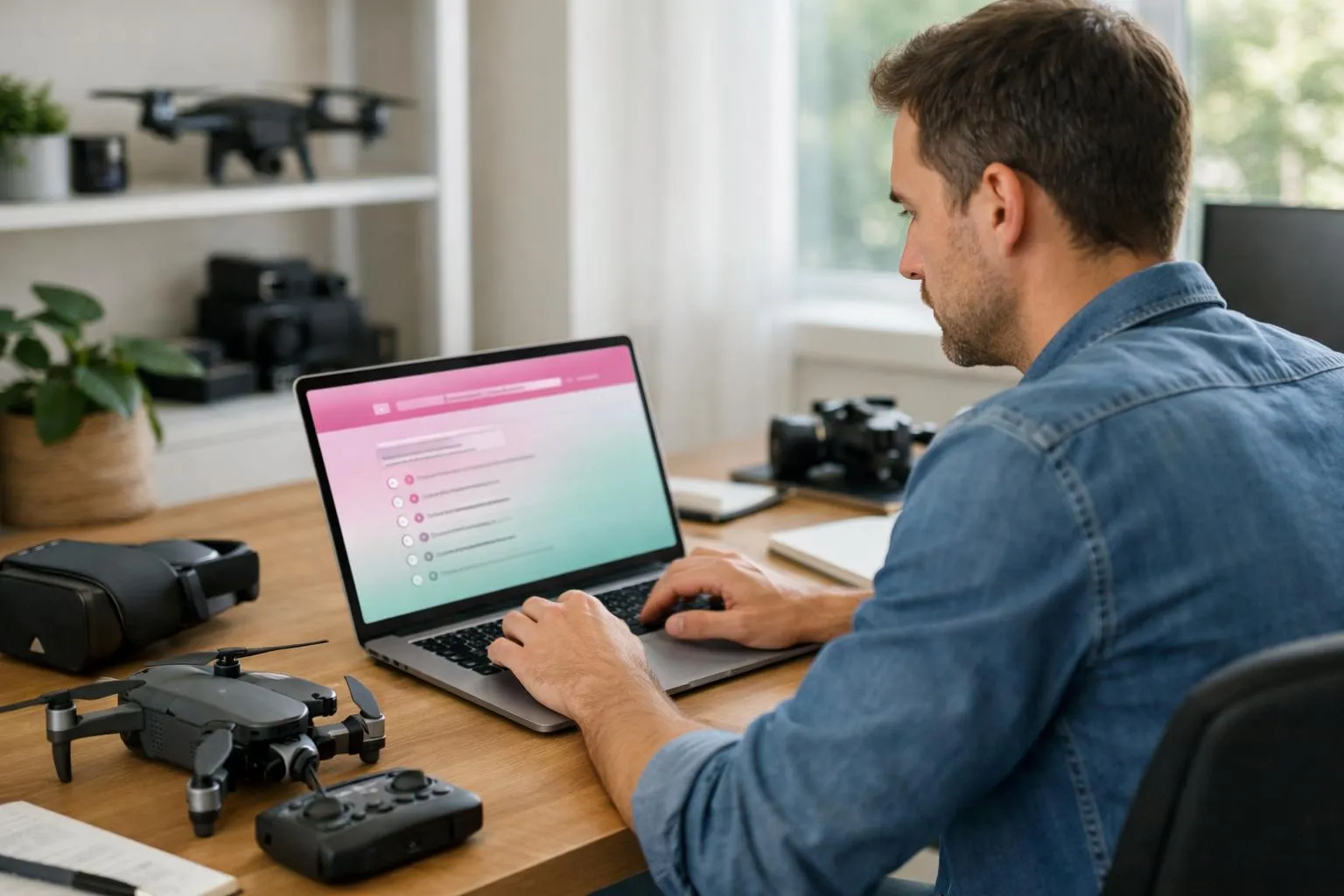 Homme utilisant un ordinateur portable avec des drones sur le bureau.