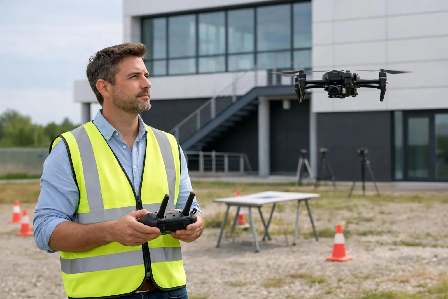 Un homme en gilet de sécurité pilotant un drone sur un chantier.