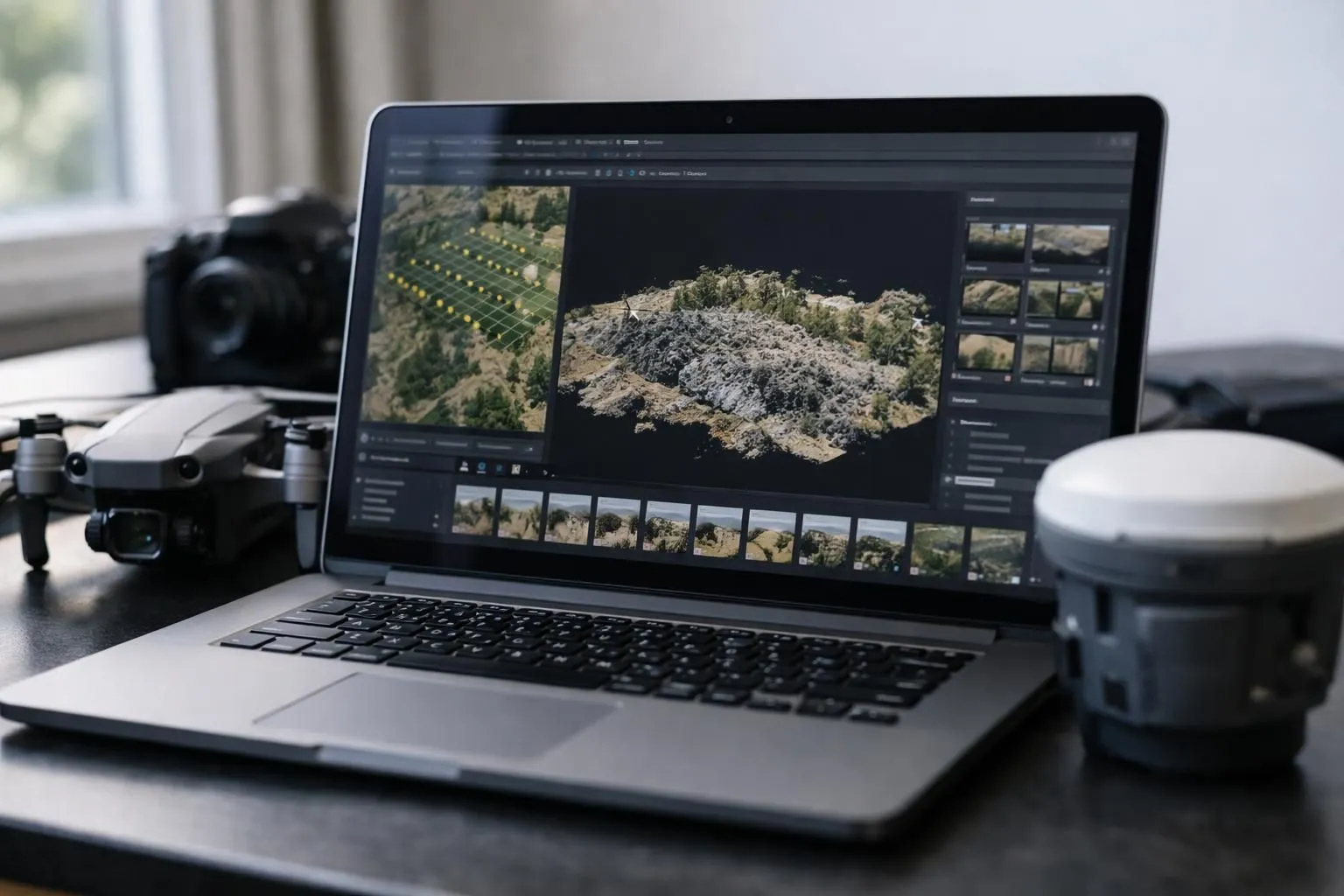 Professional drone training session indoors showing instructor demonstrating photogrammetry software on computer screen to two students, with DJI drone and GPS equipment on desk, natural lighting, realistic business environment