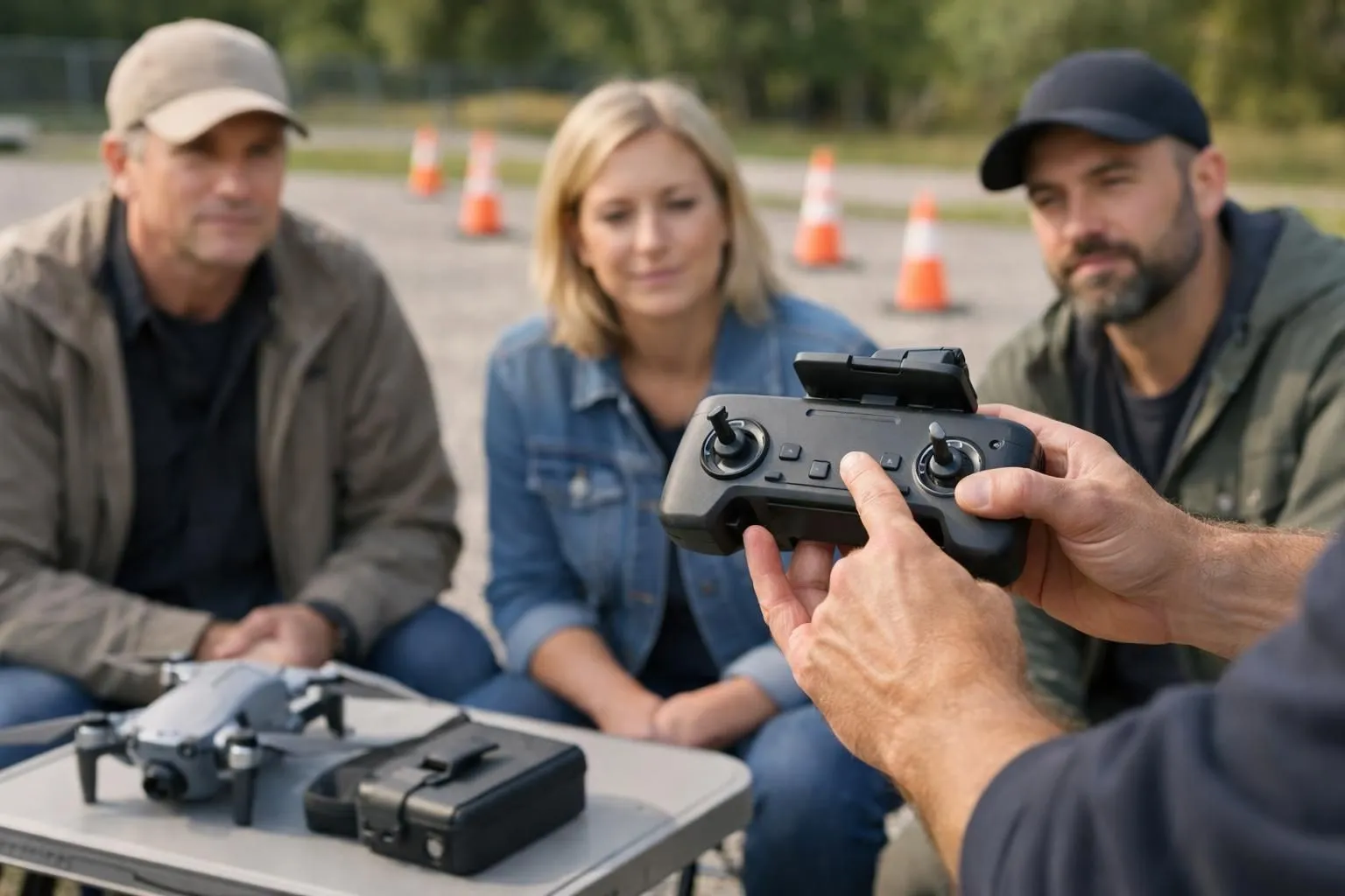 Professional drone training instructor demonstrating flight controls to small group of adult students outdoors on airfield with drone equipment visible, realistic training environment with safety cones and practice area markers, natural daylight setting showing engaged learning interaction