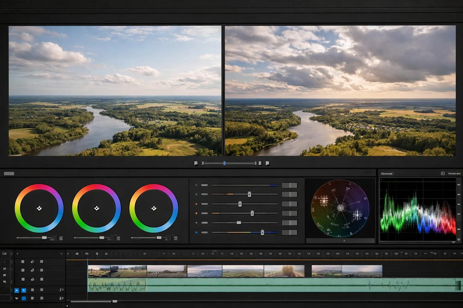 Split-screen color grading interface showing aerial landscape footage with dramatic before and after transformation, left side flat Log profile with muted colors, right side vibrant cinematic look with enhanced sky and terrain, professional video editing workspace with color wheels and scopes visible, realistic software interface aesthetic