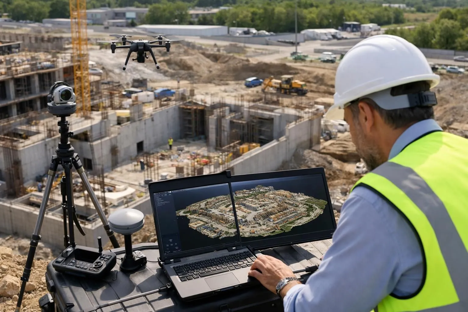Drone hovering over construction site capturing aerial photographs for 3D modeling, digital overlay showing photogrammetry grid points mapping terrain, professional surveying equipment in action