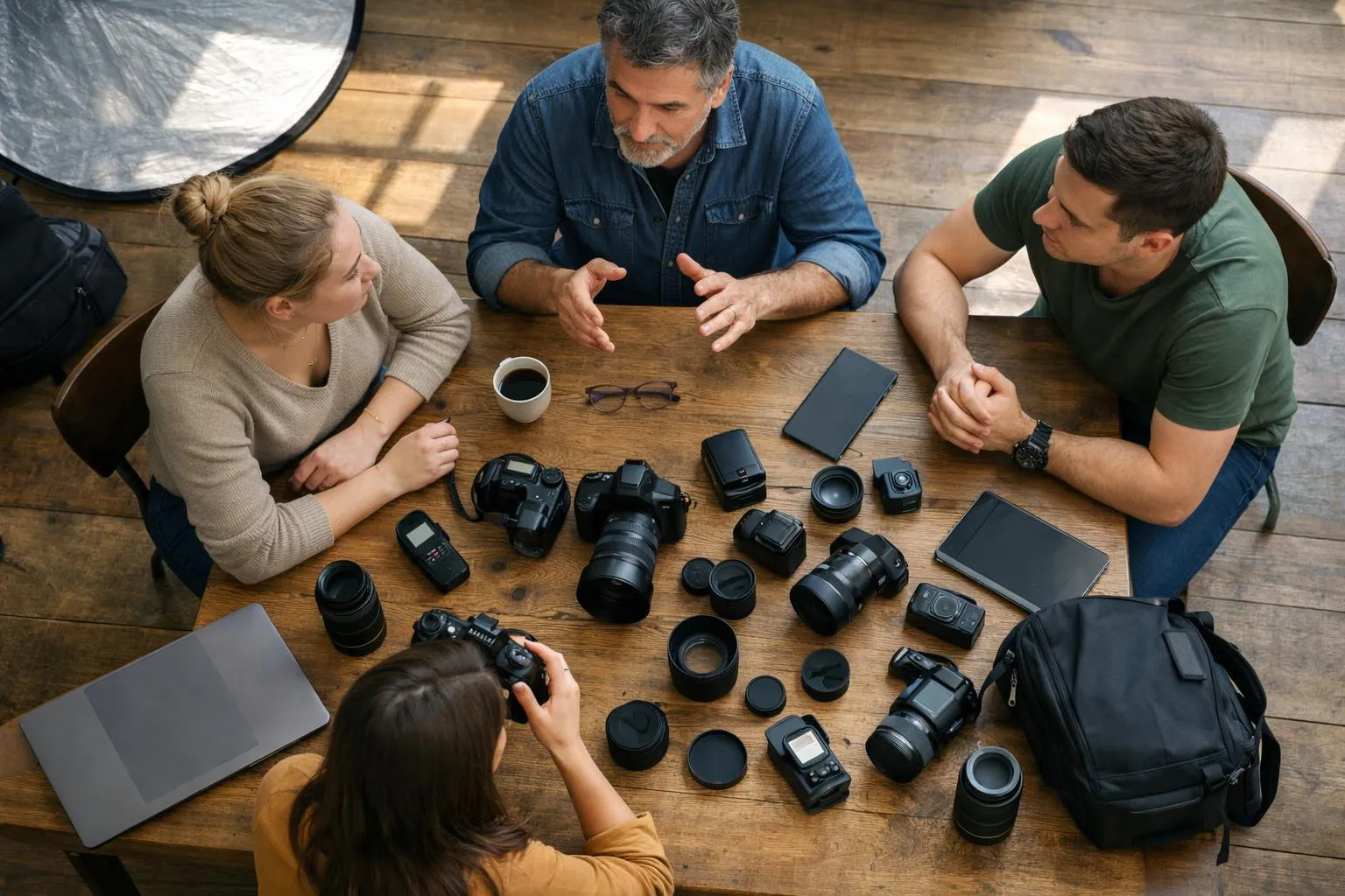 Professional photography instructor demonstrating camera techniques to adult students in bright training room with photography equipment, natural light streaming through windows, people engaged in hands-on learning with DSLRs and tripods, workshop atmosphere in modern educational space