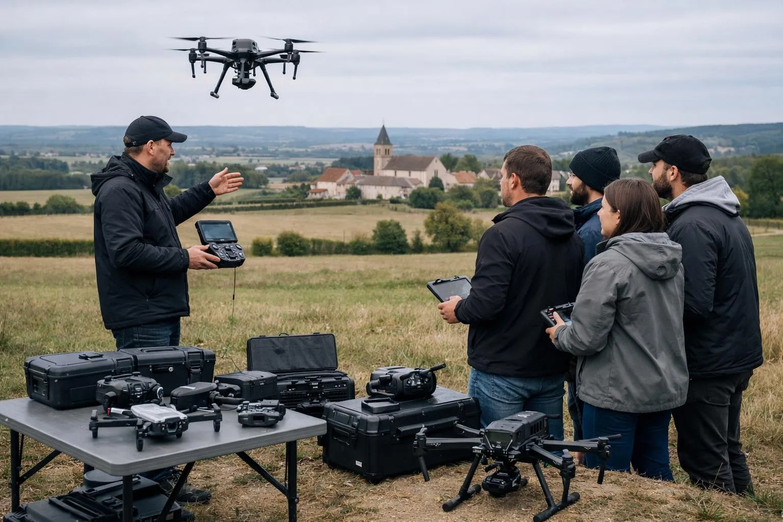 Professional drone pilot instructor demonstrating advanced flight techniques to a small group of students outdoors with drones and equipment visible, realistic training environment in rural French countryside