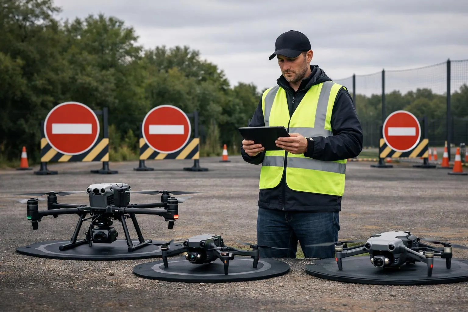 Professional drone pilot in high-visibility vest analyzing a flight zone with tablet, surrounded by modern drones equipped with obstacle detection sensors and safety features, outdoor training environment with visible no-fly zone markers in background