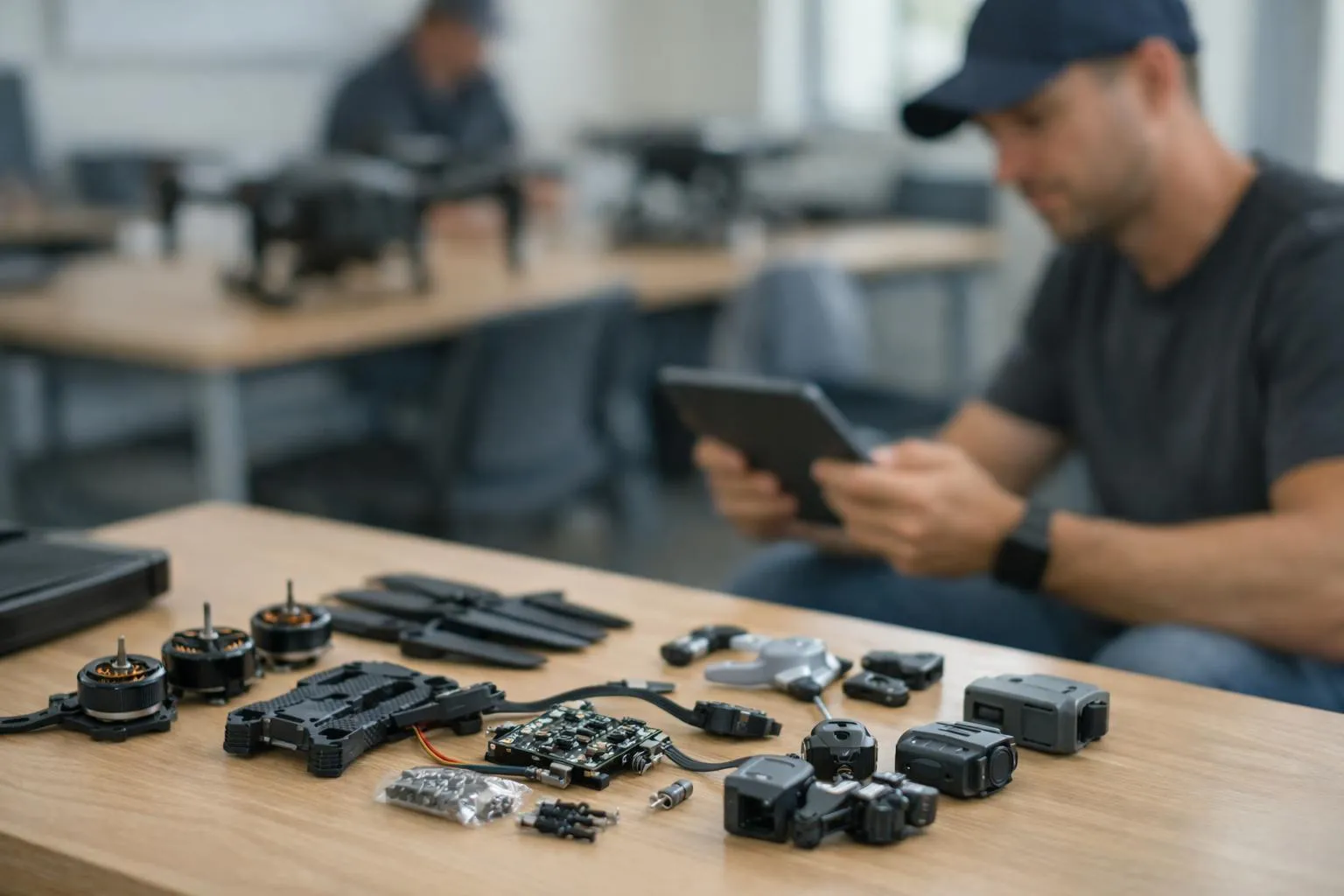 Pièces détachées électroniques et outils sur un bureau.