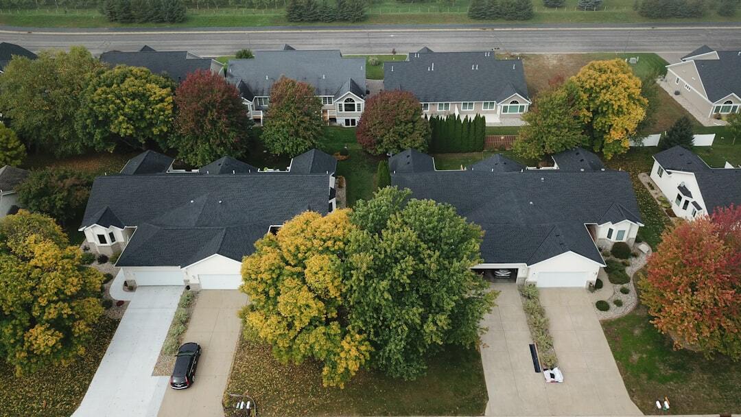 "Maisons et arbres vus avant et après l'entretien toiture par drone"