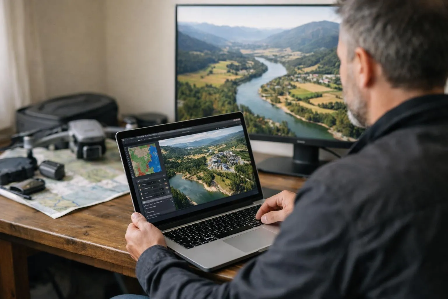 Logiciel traitement image drone sur ordinateur portable avec photographe en arrière-plan