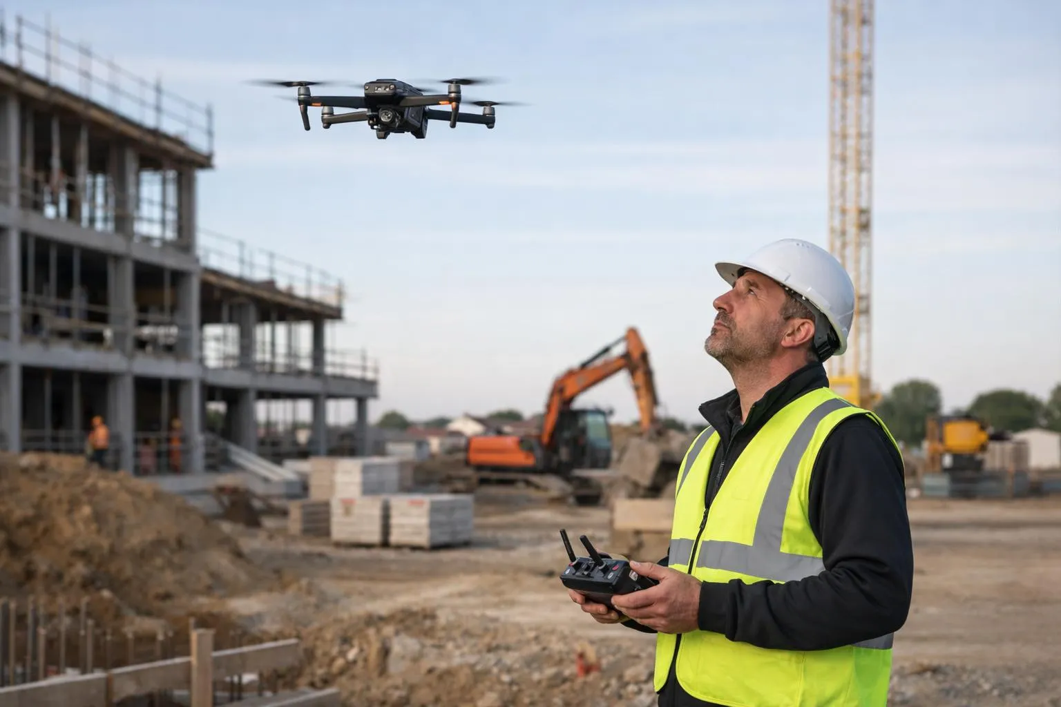 Photogrammétrie drone construction à Cholet, opérateur de drone sur un chantier
