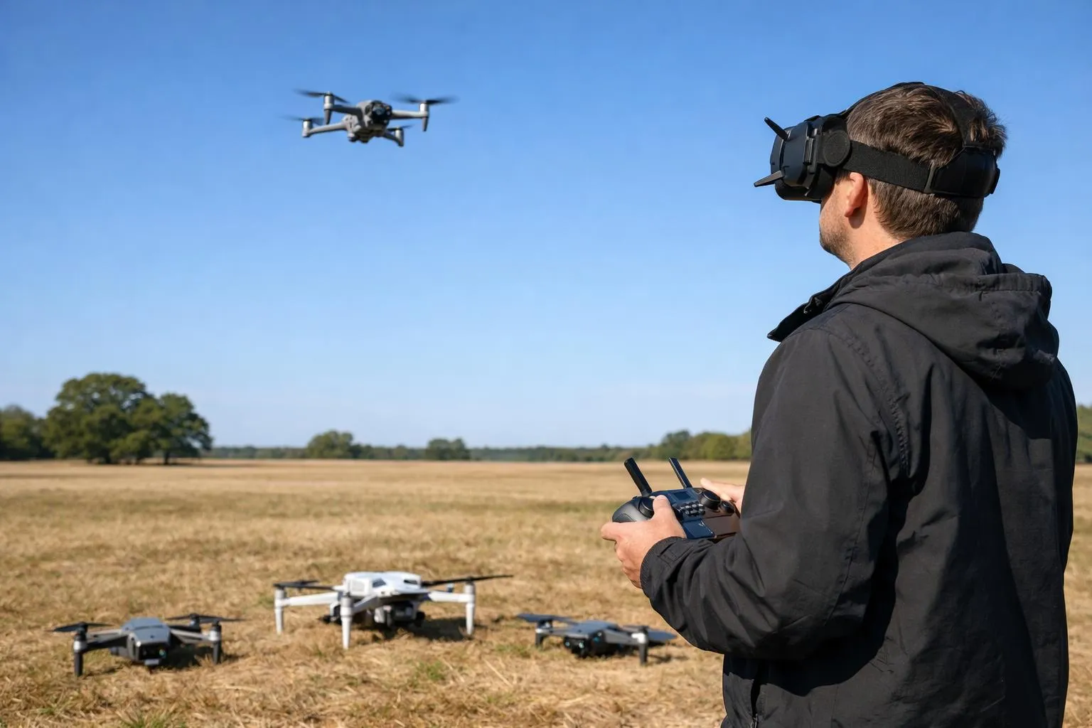 Formation A1/A3 drone, pilote en action sur un champ ouvert avec son drone.