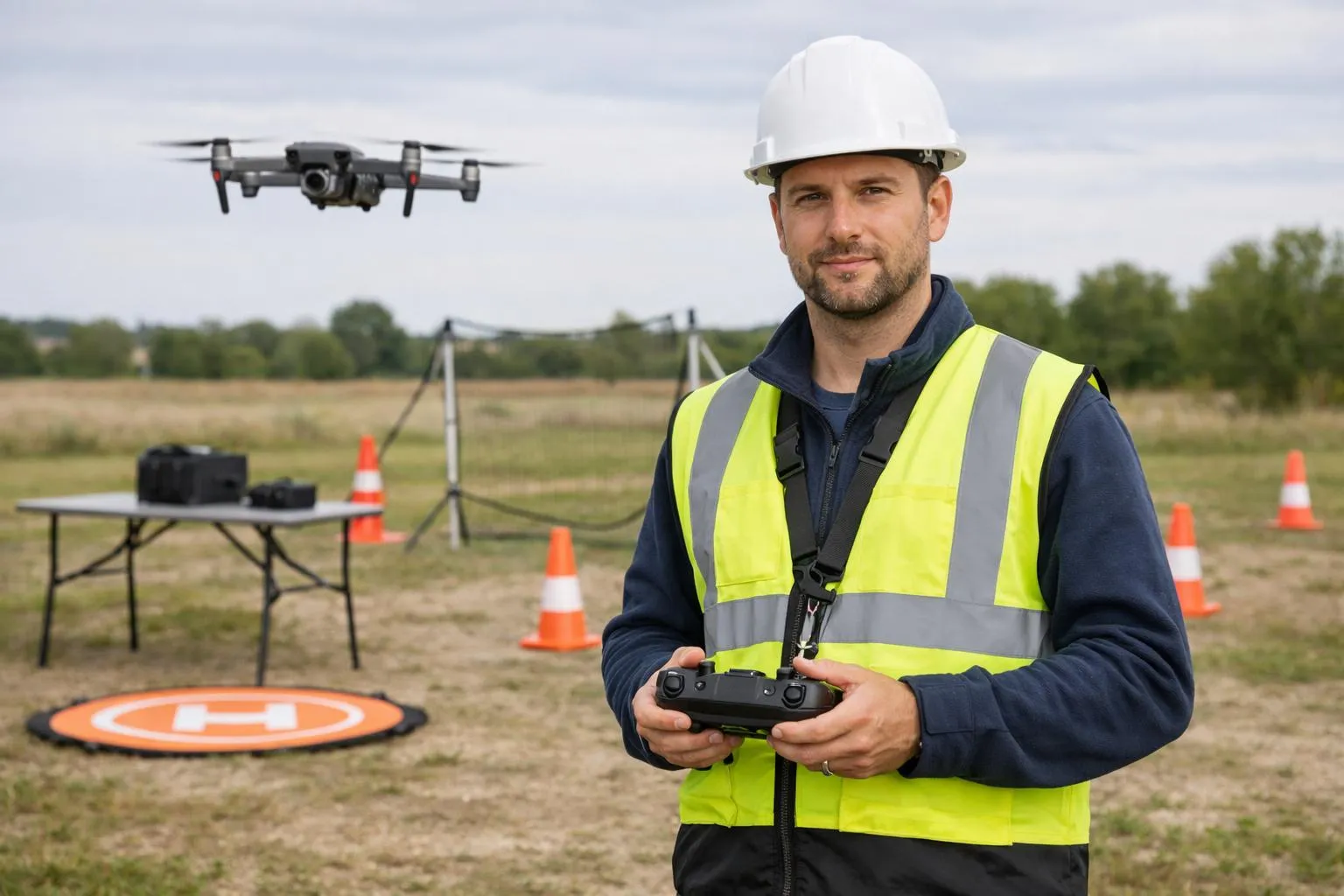 Homme en équipement de sécurité pilotant un drone dans un champ.