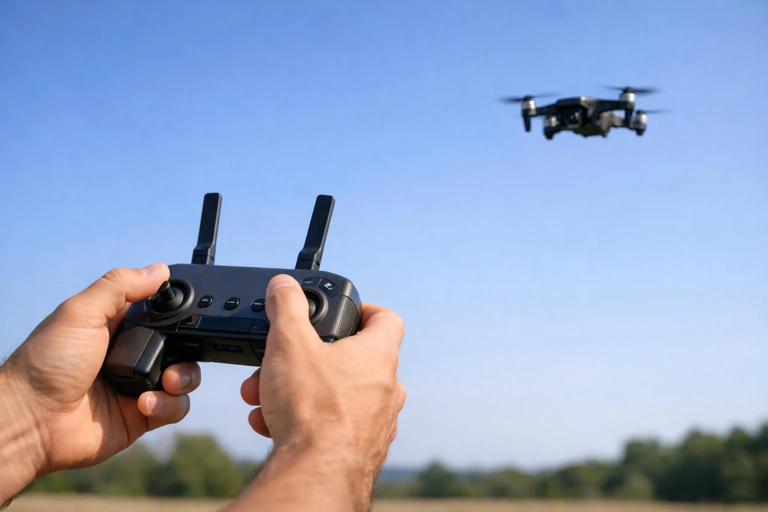 Drone volant dans le ciel contrôlé par une télécommande.