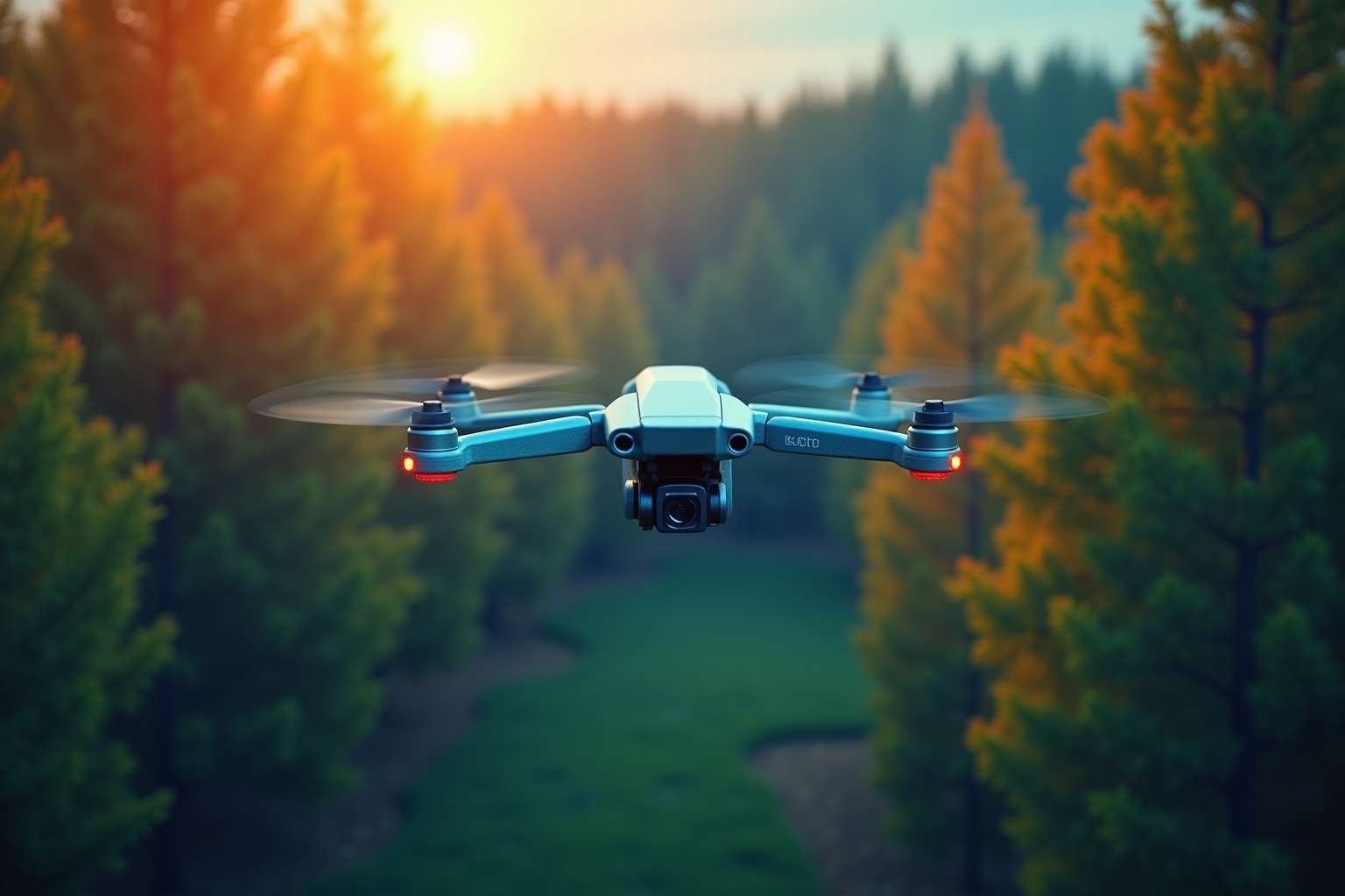 Drone volant dans un paysage forestier automnal.