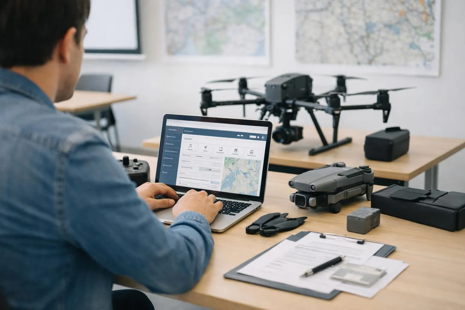Homme utilisant un ordinateur portable pour contrôler un drone dans un bureau.