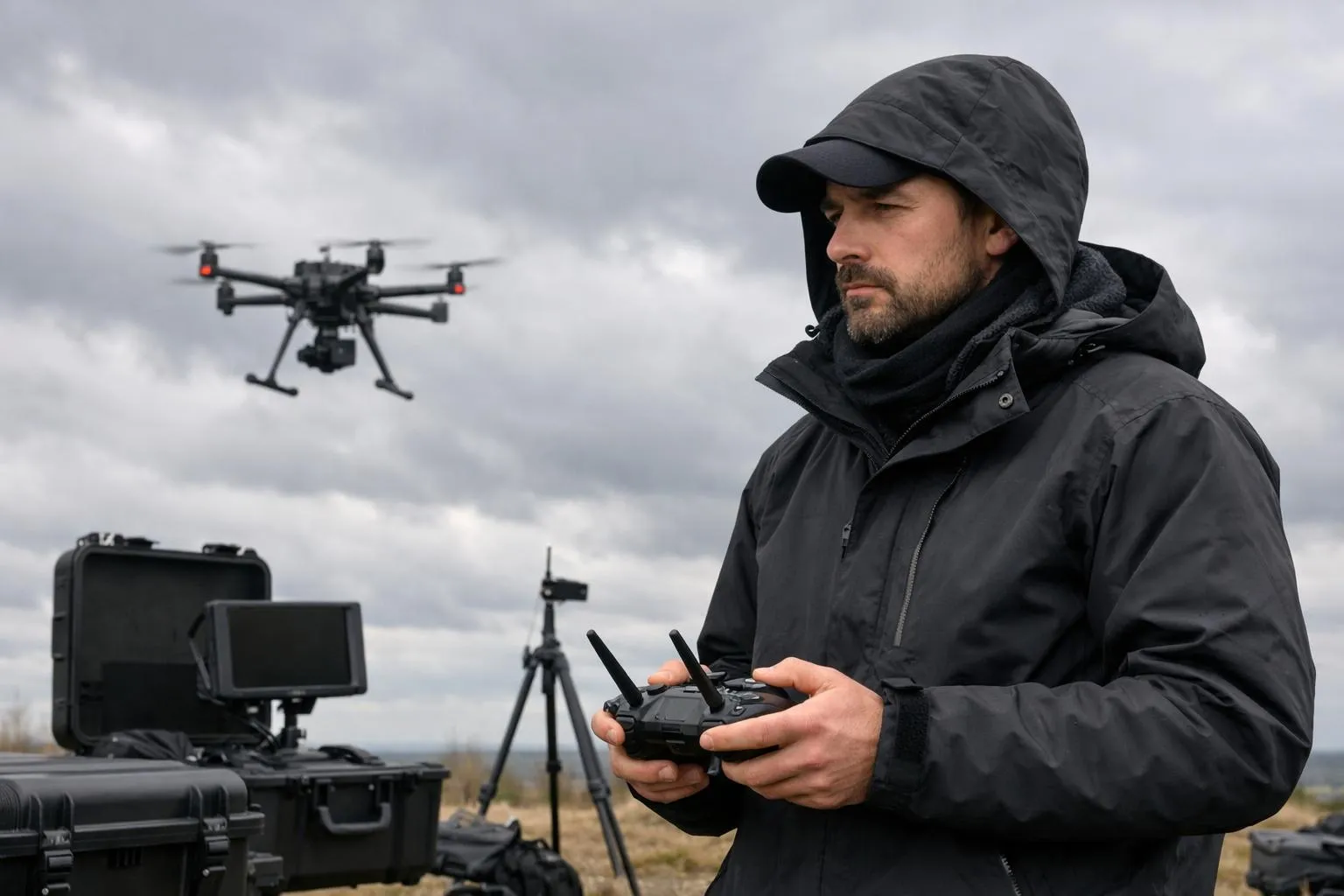 Homme pilotant un drone avec équipement professionnel dans un paysage nuageux.