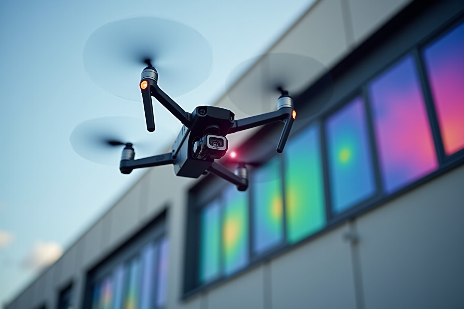 Drone volant avec caméra dans un environnement coloré.