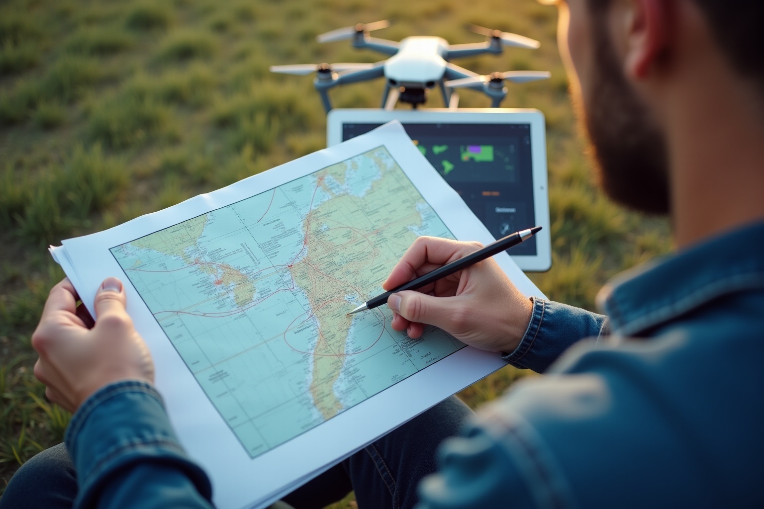 Personne utilisant un drone et une carte pour explorer un environnement.