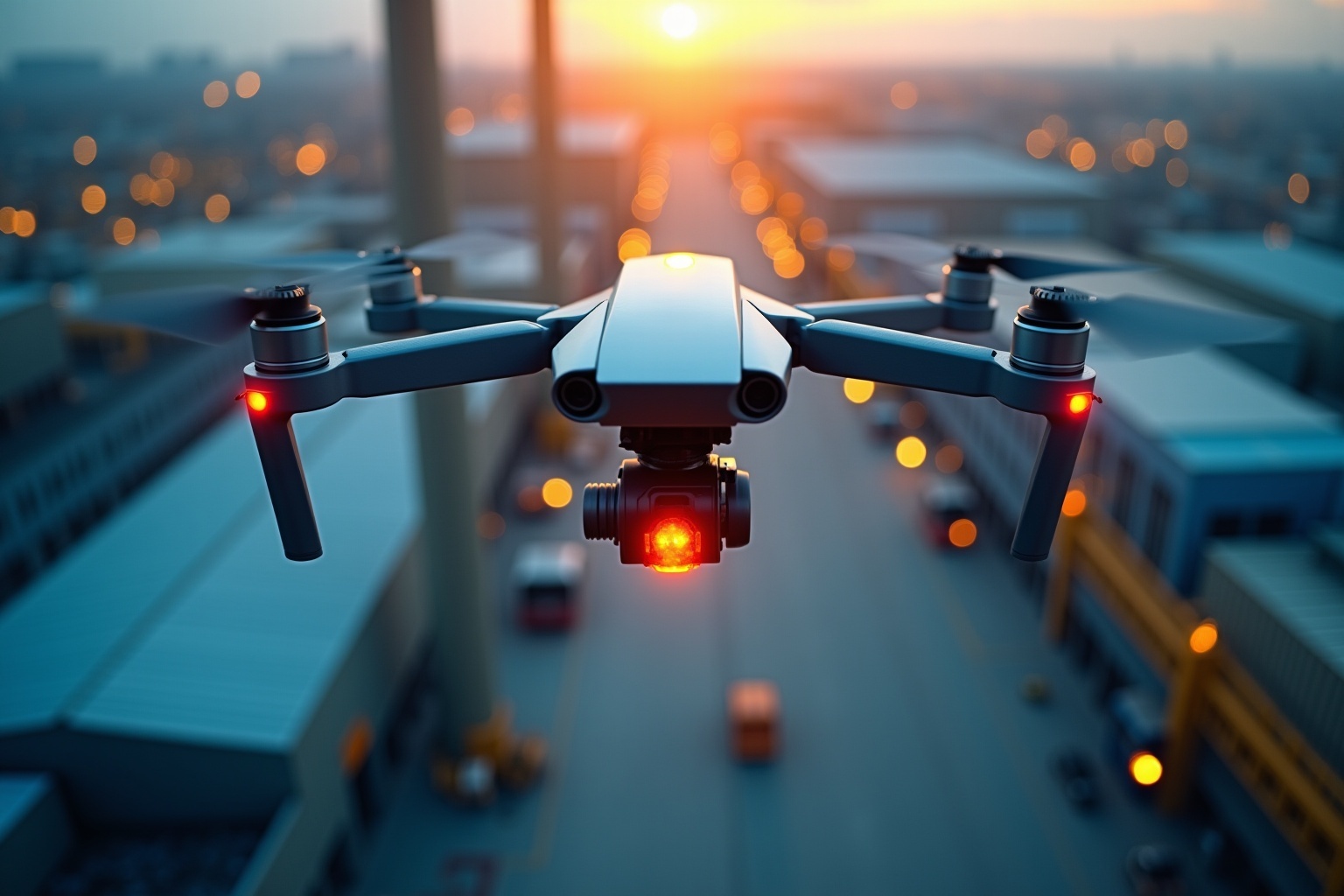 Drone de photographie avec caméra et éclairage à LED, survolant un paysage urbain au coucher de soleil.