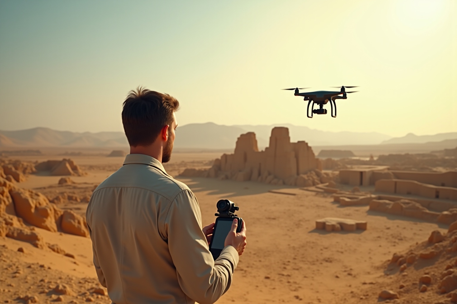 Formation drone pour archéologie : un archéologue utilise un drone sur un site de fouilles pour capturer des images aériennes