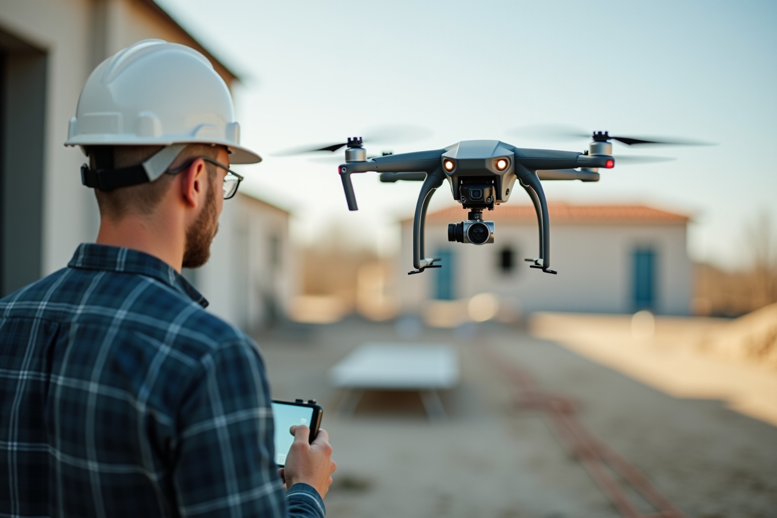 Un homme en casque de sécurité pilote un drone avec caméra dans un environnement urbain.