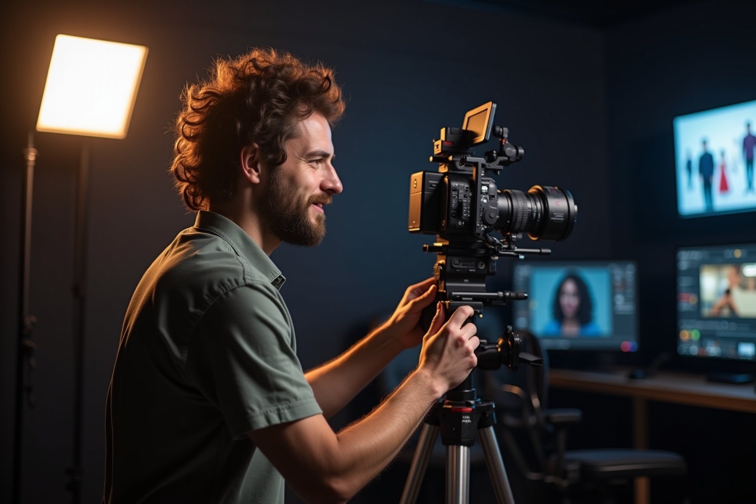 Homme barbu filmant avec une caméra professionnelle dans un studio.