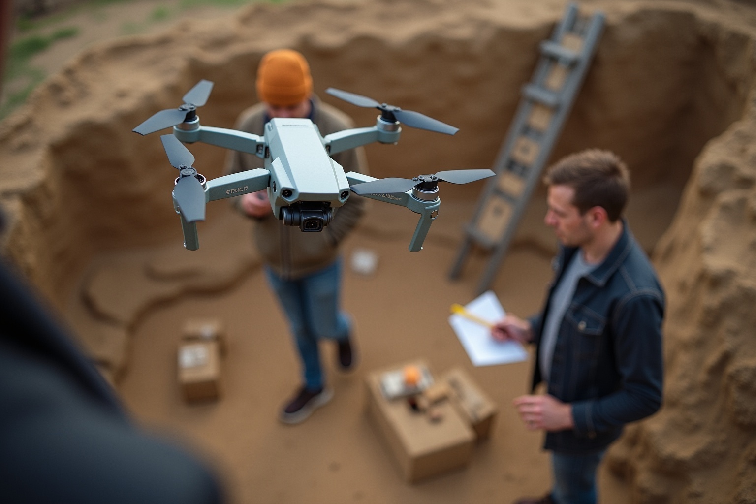 Drone volant au-dessus d'un homme tenant un bloc-notes.