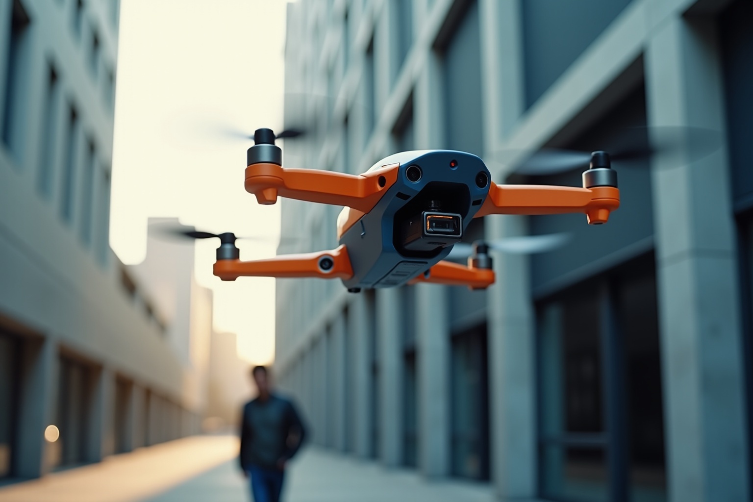 Drone orange volant dans une ruelle urbaine.