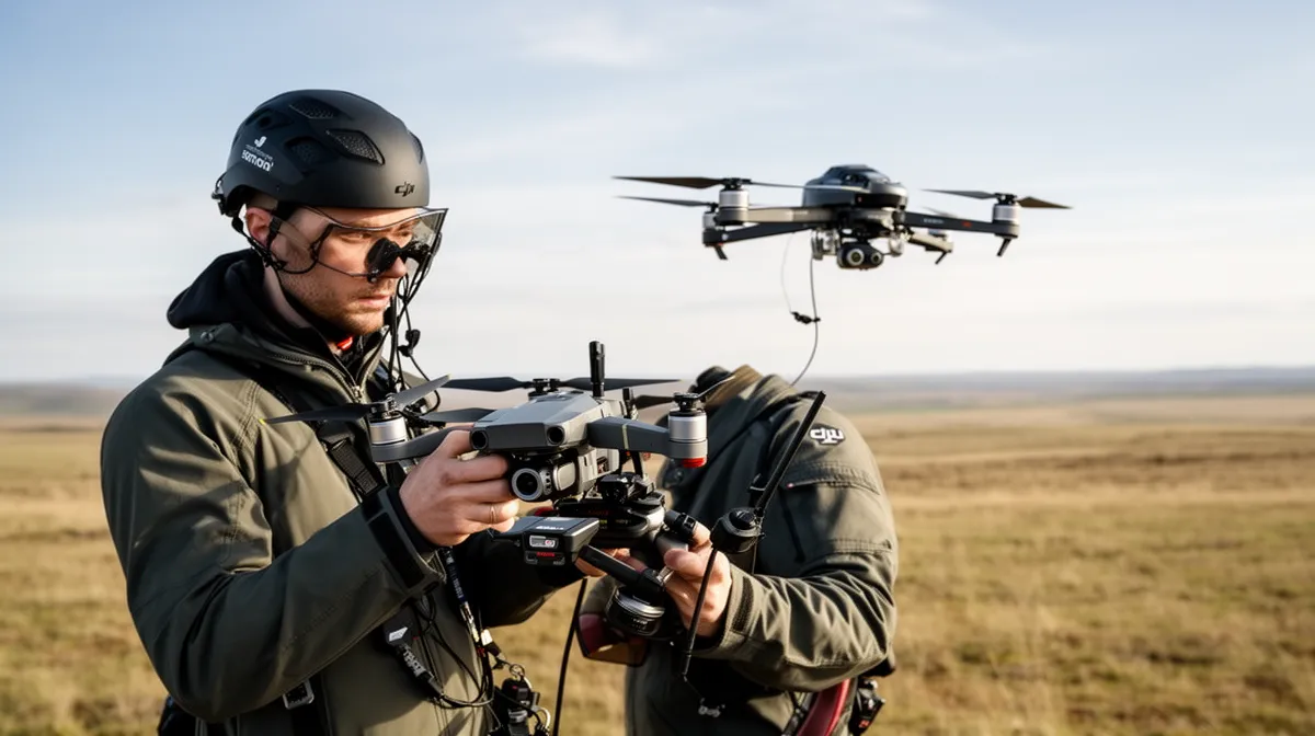 Homme en tenue de protection pilotant un drone dans un paysage de prairie.