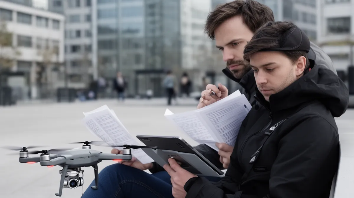 Deux hommes examinent des documents et contrôlent un drone dans un environnement urbain.