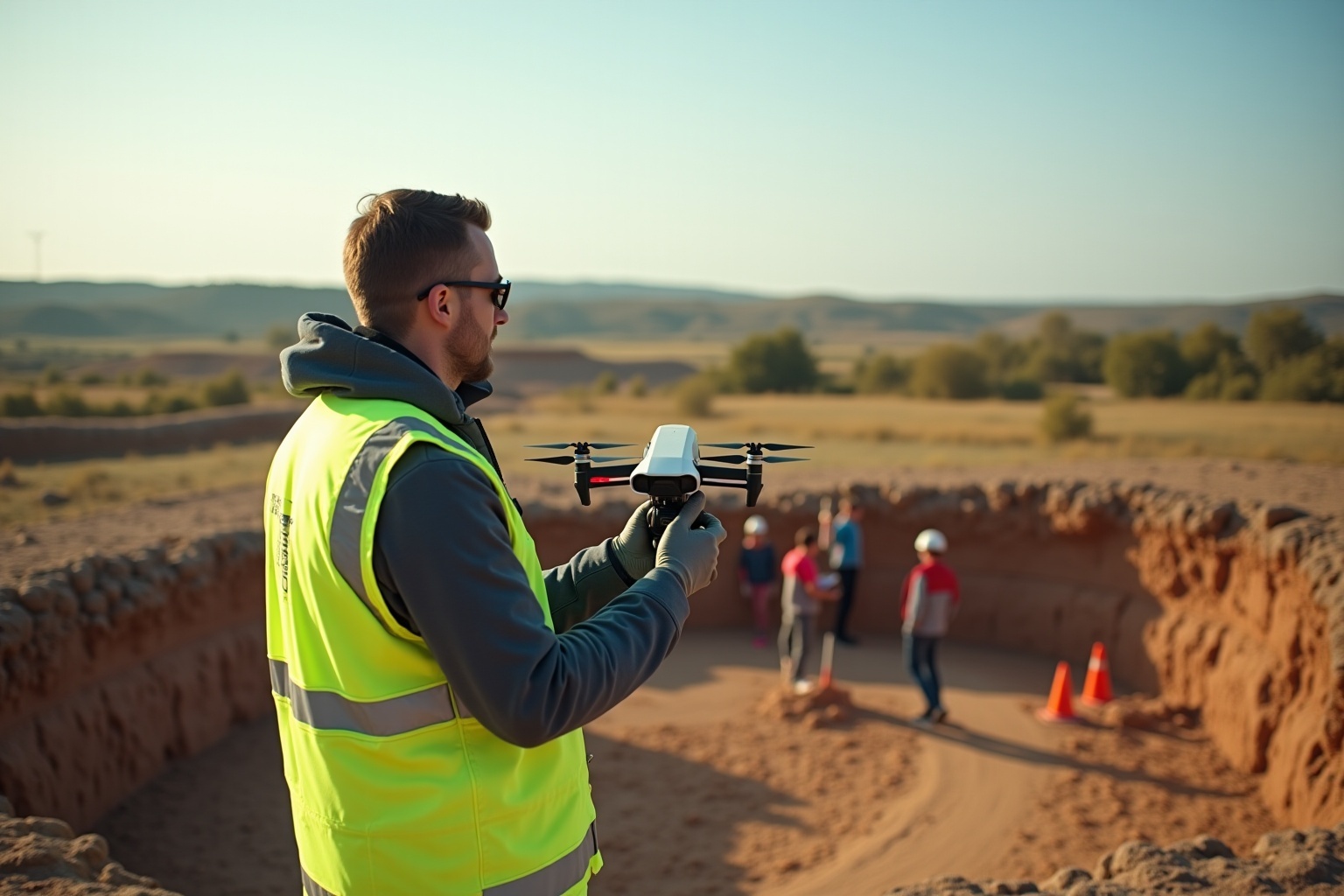 Homme en gilet de sécurité pilotant un drone dans un paysage désertique.