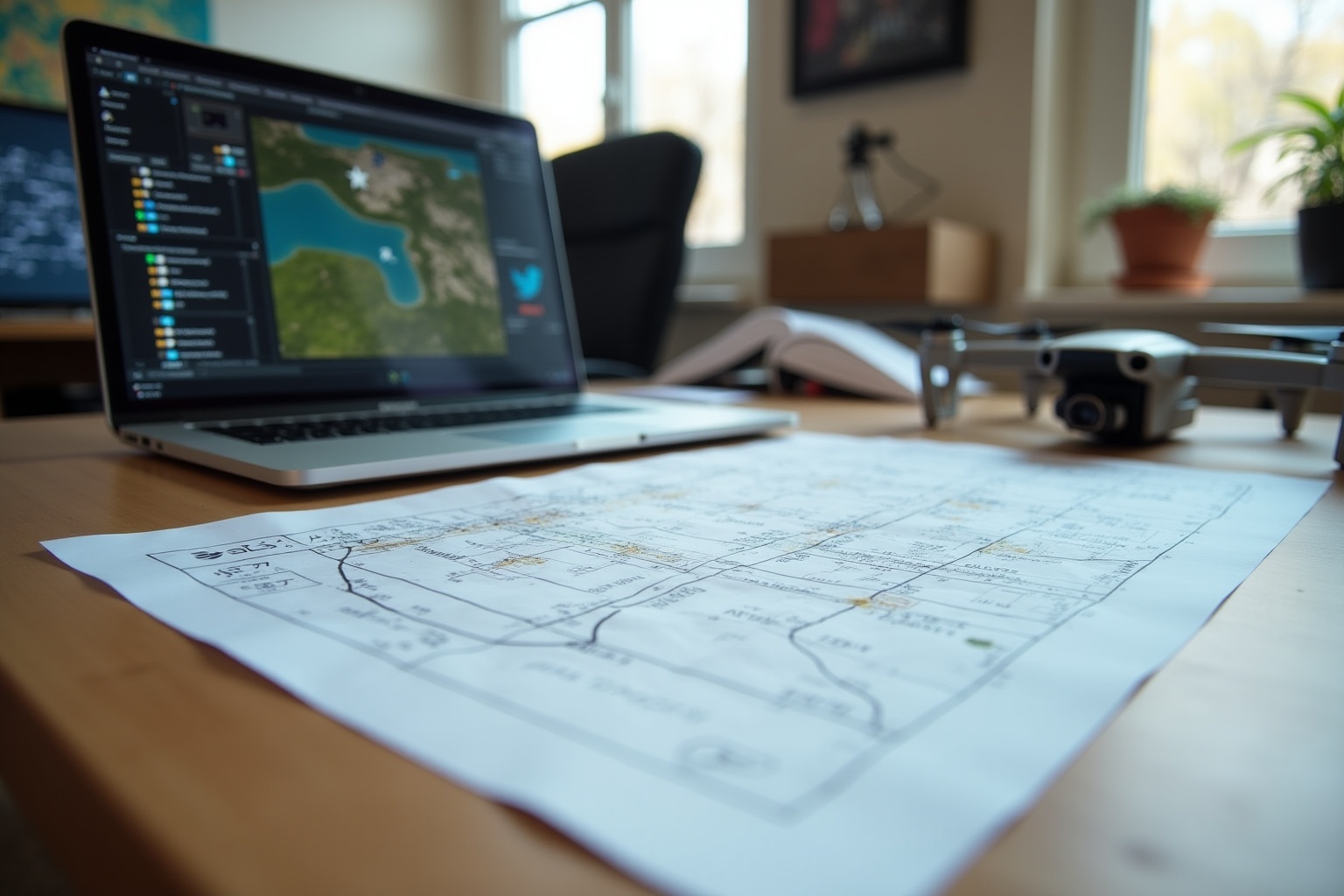 Bureau de travail avec ordinateur portable et carte géographique.