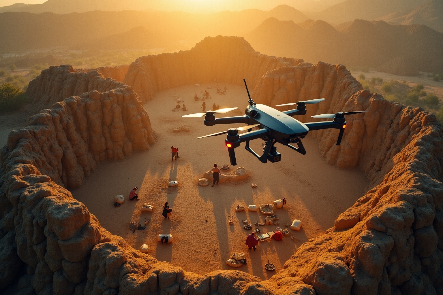 Drone survolant un canyon désertique au coucher de soleil.