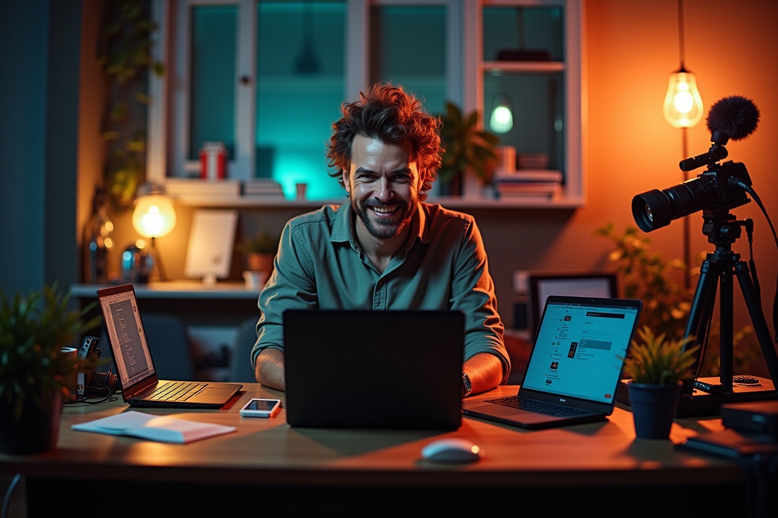 Homme souriant, travaillant sur ordinateur portable dans un bureau lumineux.