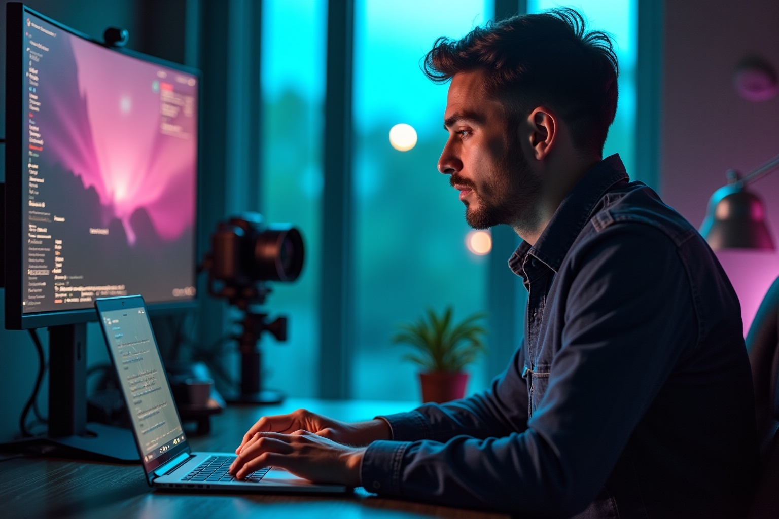 Homme concentré sur son ordinateur portable dans un environnement technologique coloré.