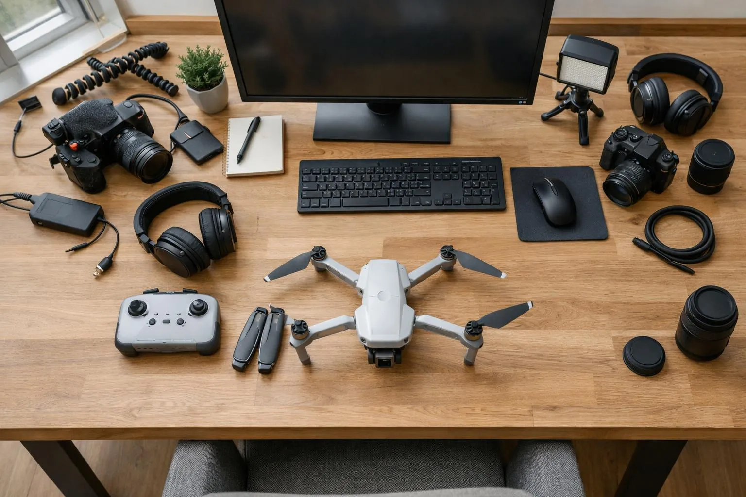 Équipement électronique et de photographie sur un bureau en bois.