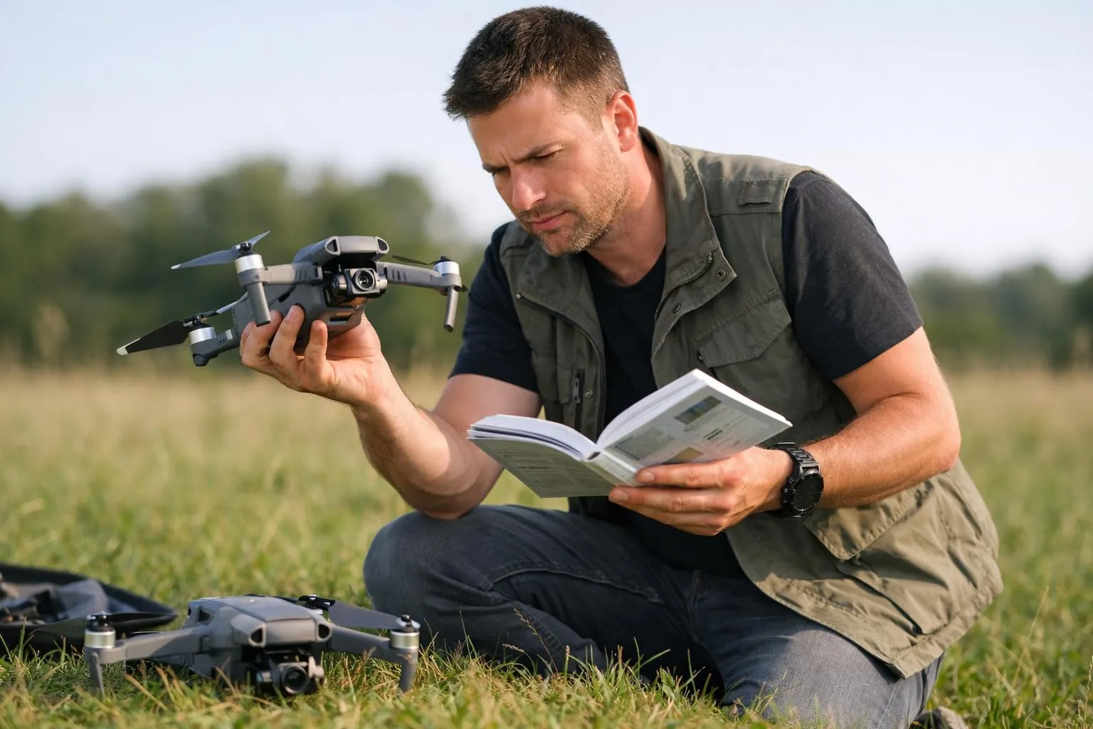 Aide drone problème pilotage : un pilote de drone en difficulté dans un champ
