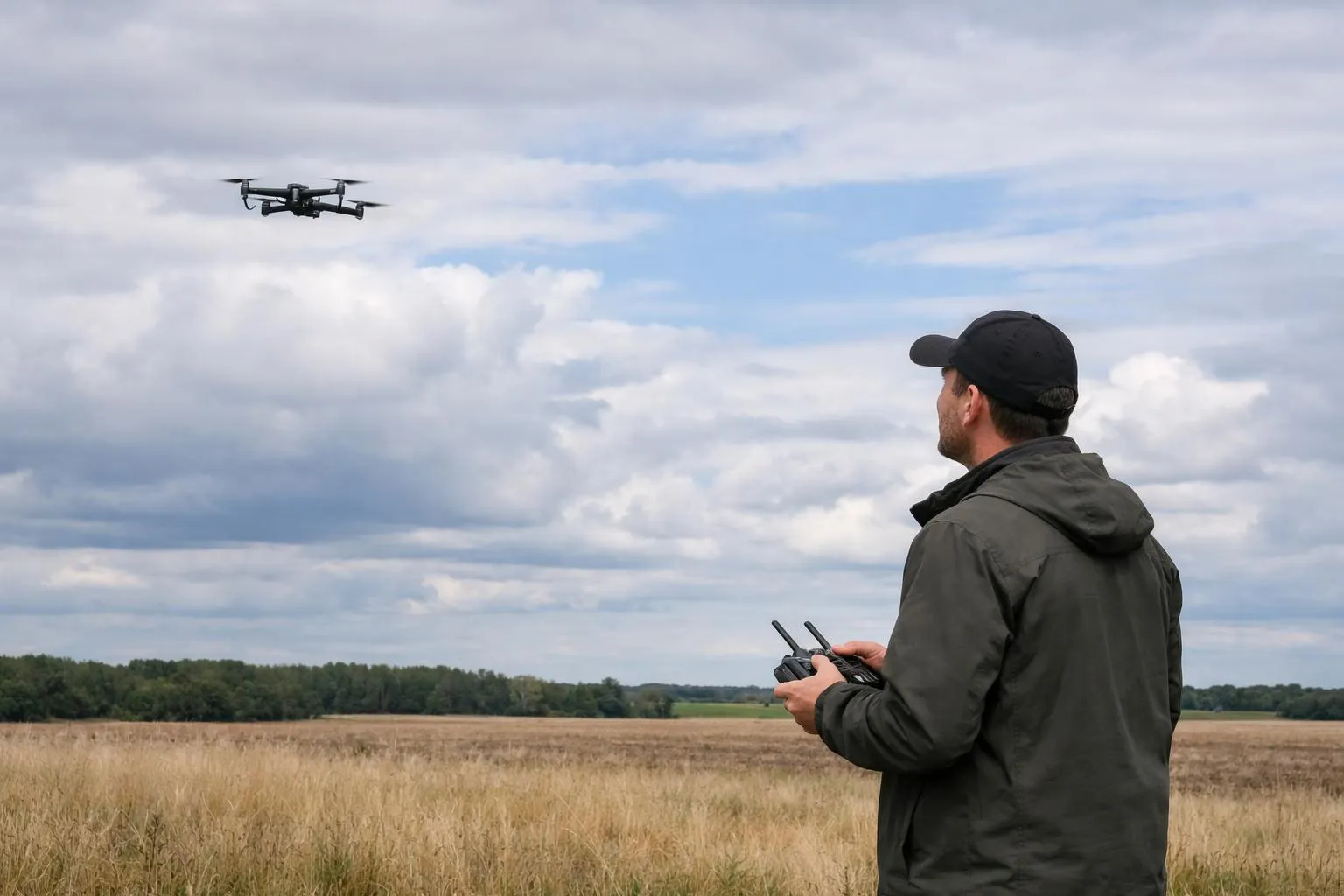 Homme pilotant un drone au-dessus d'un champ de blé.